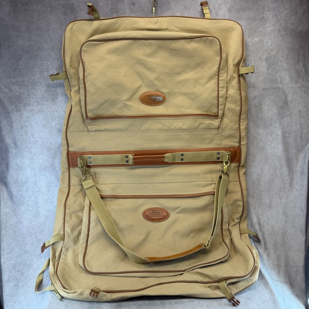 Eddie Bauer Garment Bag Mens OS Tan Ford Edition Canvas Leather Travel Suit Case